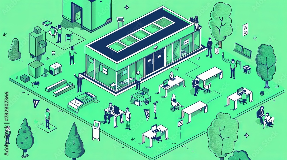 An isometric web banner of a green campus with people working and studying in a modern glass building, a university, a coworking space, a place to work for students or employees of a company, a 3D