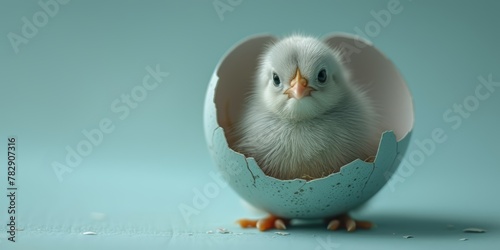 white very chick sitting on an edge of a easter egg shell in light blue monochromatic background, captivating