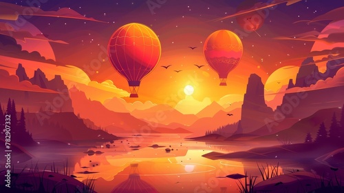 Sunset sky with hot air balloons circling above water pond and mountains in red and orange color. Landscape at dusk, ballons flying, aerial tourism, modern illustration, Cartoon.