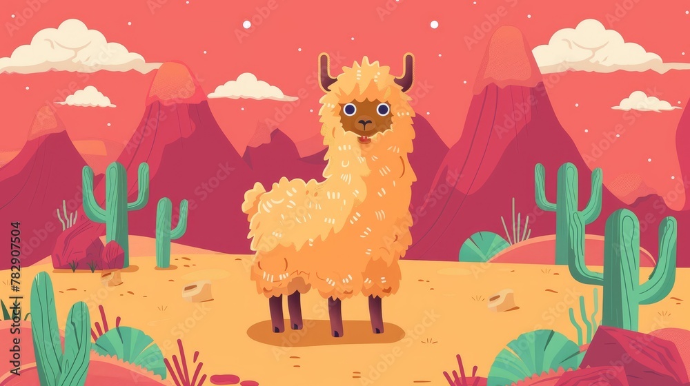Fototapeta premium Alpaca in Mexican desert with red mountains, sand, and cactuses. Modern illustration in the style of a cartoon. Guanaco in Mexico.