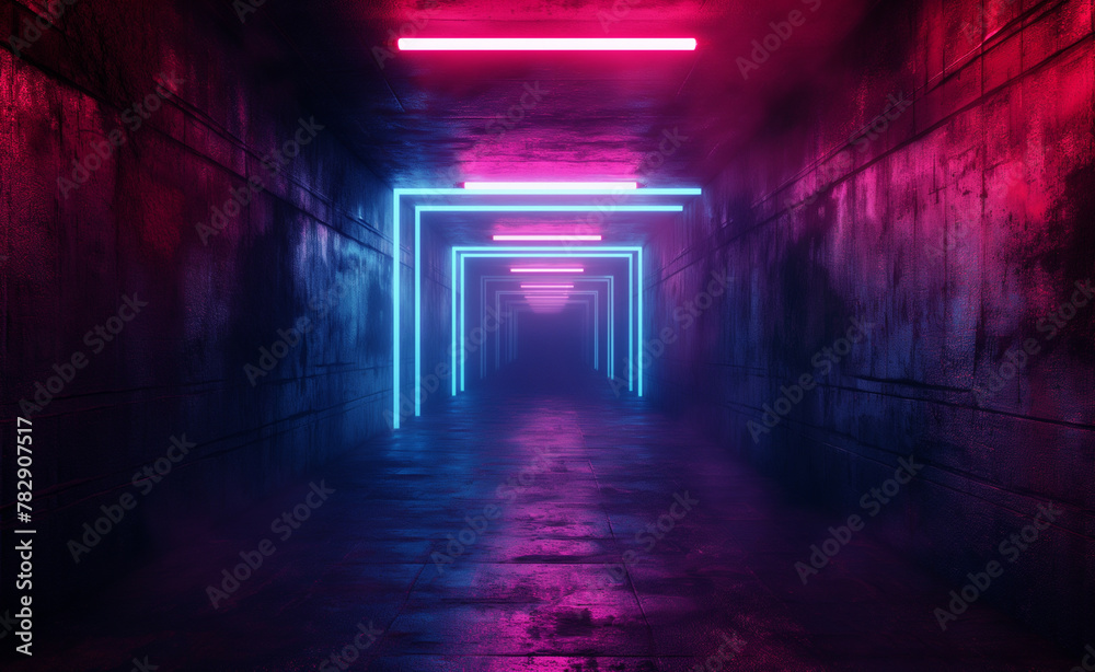 Dark underground passage with escolator and neon light