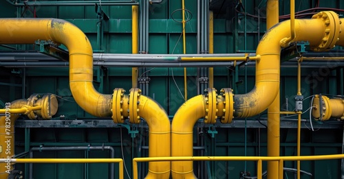 Yellow pipes n a gas plant, depicting the industry of oil and fuel production. photo