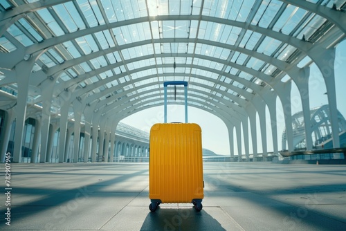 Yellow suitcase for travel in the airport terminal on background of modern architecture.