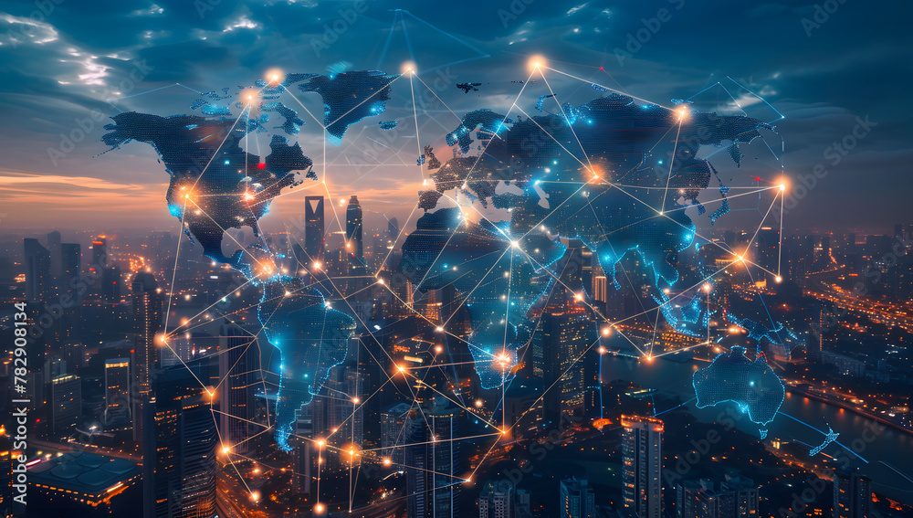 Obraz premium Global Connectivity Map: A Futuristic View of Urban Trade