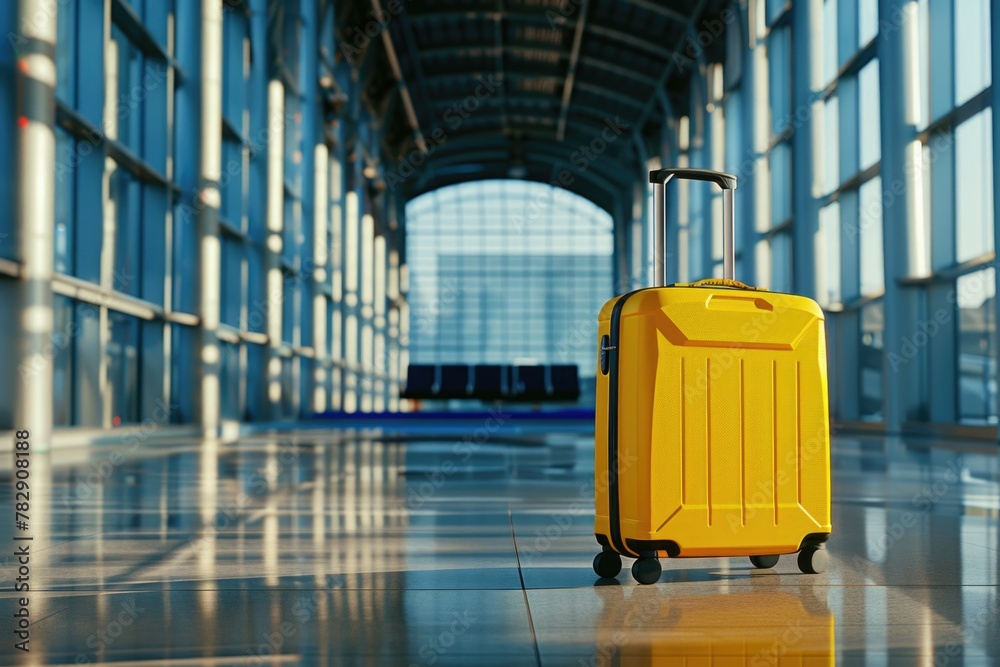 Bright yellow suitcase in the airport. Travel by flight. Blurred background with copy space.