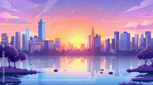 Modern illustration of sunset city skyline architecture near waterfront, modern megapolis with skyscrapers under purple sky, cartoon modern illustration of skyline architecture.
