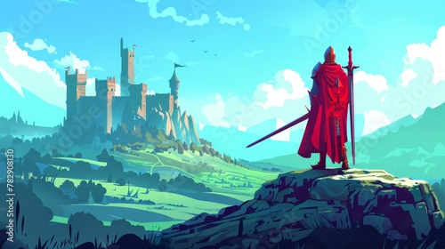 Knight standing with sword in medieval castle on dark background. Cartoon illustration of warrior or paladin wearing red cloak in stone mountain valley. photo