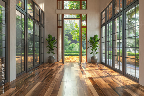 Sunlit entryway with tall black-framed windows, wood flooring, and decorative plants, reflecting a modern, welcoming atmosphere