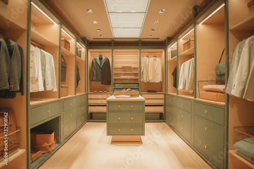 Luxurious walk-in closet with sage green cabinetry and brass hardware, illuminated by warm lights, showcasing neat clothing organization