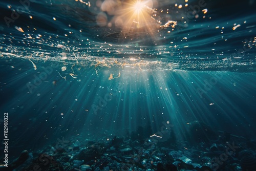 Underwater photography, the ocean is full of plastic waste and garbage floating in it, sun rays shining on water surface. photo