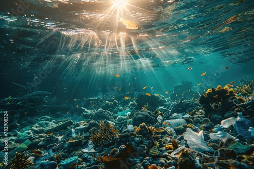 Underwater photography, the ocean is full of plastic waste and garbage floating in it, sun rays shining on water surface.