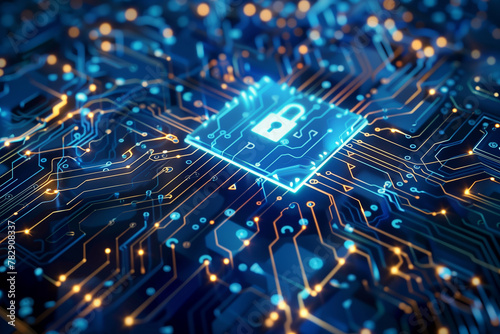 Macro view of a circuit board emphasizing a lock icon, illustrating concepts of secure digital encryption and technology safety