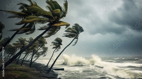Coconut trees are blown by strong winds ,storm, heavy rain