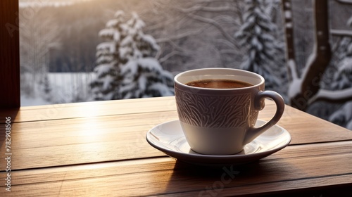 cup of coffee with winter tree scene 