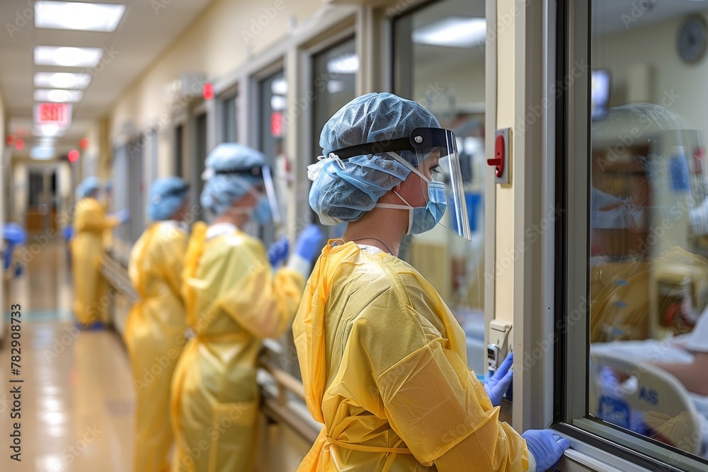A medical professional in yellow PPE looks on intently through a window in a hospital, highlighting vigilance in healthcare A medical professional in yellow PPE looks on intently through a window in a hospital, highlighting vigilance in healthcare