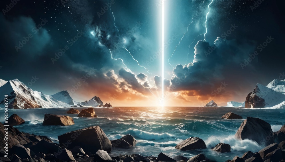 A dramatic landscape featuring a surreal scene with a polar lightning strike at sunrise, creating a stark contrast between warm and cold elements.. AI Generation