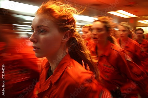 A close-up shot of a determined woman firefighter leading her squad with a serious expression