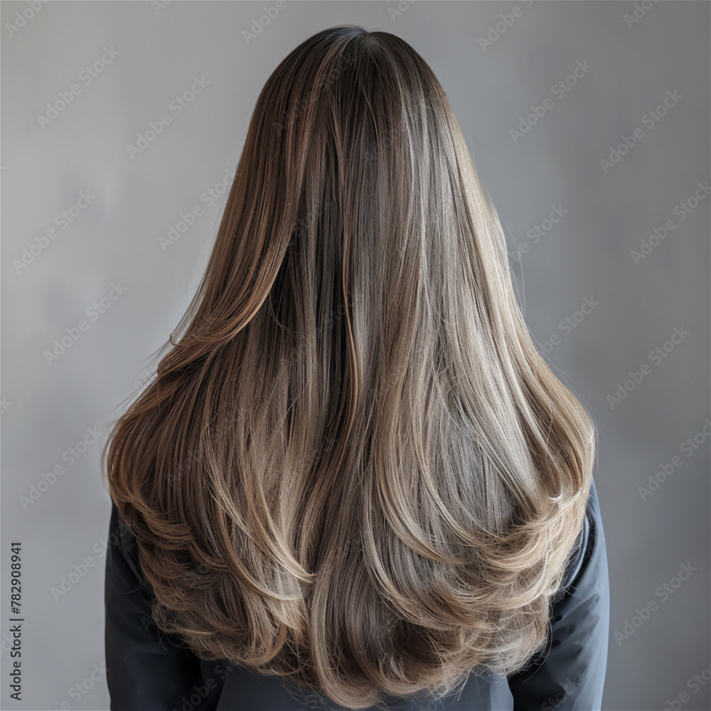 Naklejka premium Woman long ash-brown hair with highlights, cascading down her back
