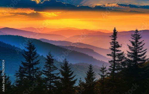 Sunset and silhouettes of trees in the mountains © MUS_GRAPHIC