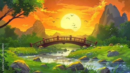 A beautiful sunset cartoon nature landscape, wooden bridge over a river, grassy field with rocks under a vibrant sky as the sun goes down. Background diagram.