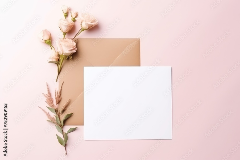 Pink roses and a blank card on a soft pastel background, perfect for invitations or announcements. Elegant Pink Roses with Blank Card Mockup