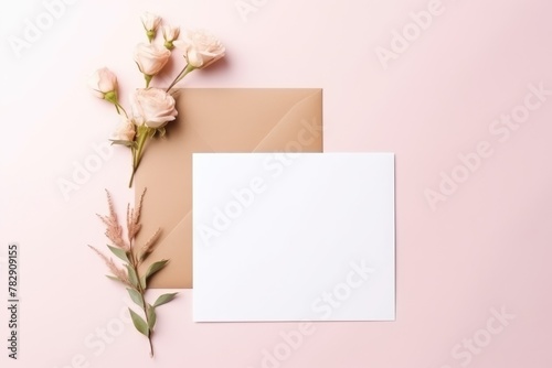 Pink roses and a blank card on a soft pastel background, perfect for invitations or announcements. Elegant Pink Roses with Blank Card Mockup