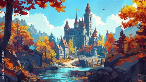 A fairy tale castle with turrets surrounded by water, a rocky road leading to a fantasy fortress gate are depicted in an autumn landscape. Illustration of a fairy tale kingdom palace with turrets. photo