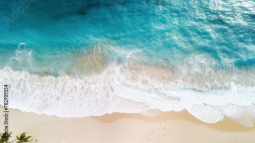 picturesque beach with white sand, turquoise waves , top view, summer background, wallpaper © Kate