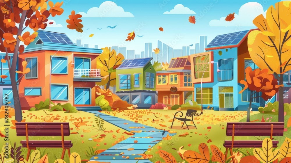 Autumn landscape with eco-friendly houses, modern architecture with solar panels, plants growing on roofs or balconies, park at front yard with paving, trees, benches.