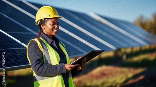 Female technician in reflective clothing holding a tablet  at solar farm.  photo