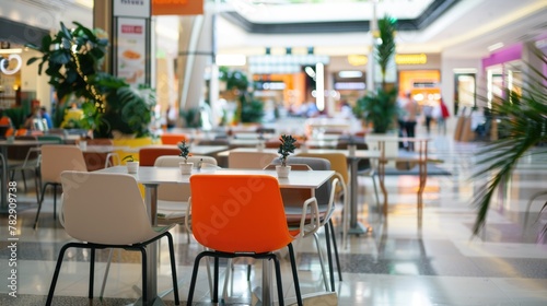 Modern Shopping Mall Food Court Interior with Bright Vibrant Seating photo