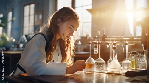 Girl doing a chemistry experiment in science class  photo