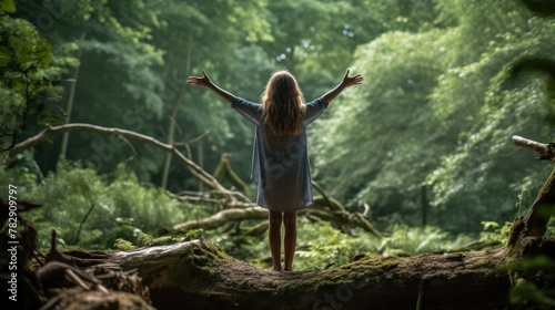 girl stands on fallen tree in woodland clearing 