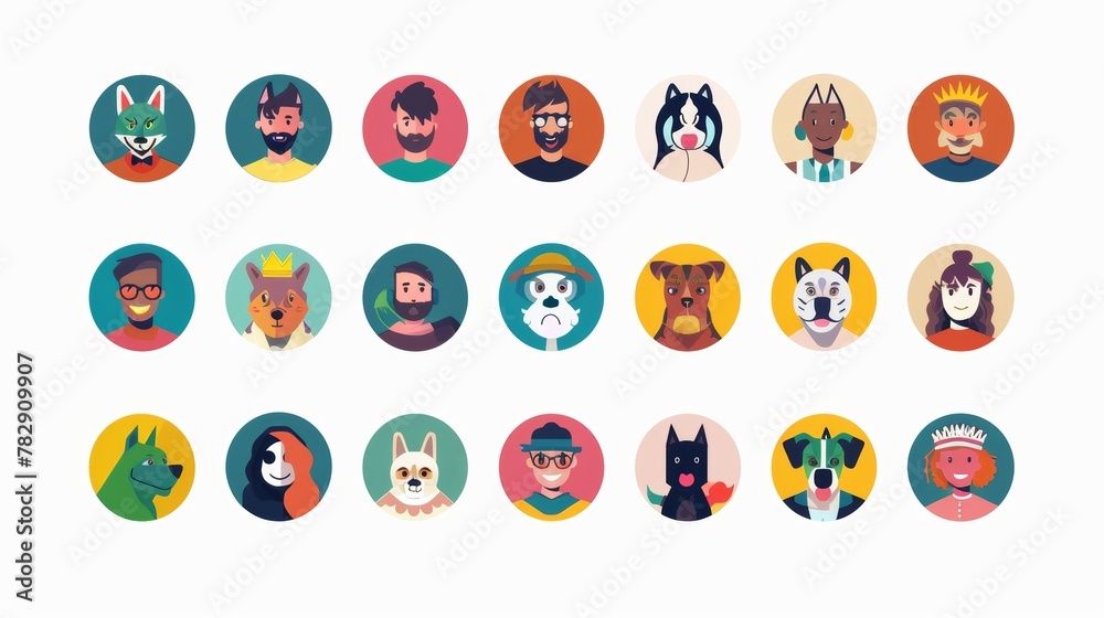 People and pets avatars isolated on round background. Male and female characters all with different ethnicities and looks. Men, women, girls, boys, dogs, portraits, line art modern illustration. People and pets avatars isolated on round background. Male and female characters all with different ethnicities and looks. Men, women, girls, boys, dogs, portraits, line art modern illustration.