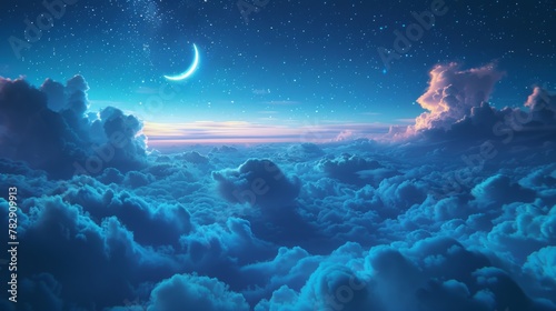 Dreamy Cloudscape with Crescent Moon photo
