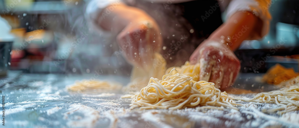Close up view at chef hand is cut DOUGH for making hand make noodle. Realistic photography, Close up view at chef hand is cut DOUGH for making hand make noodle. Realistic photography,