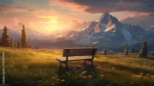 Silhouette of a man sitting on a bench with a beautiful mountain view and sunset.