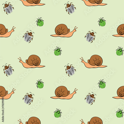 Seamless pattern with garden pests, insects: snails, Colorado Potato beetle, bugs, aphids. Vector hand drawn outline color illustration, texture in flat doodle style. Topic of gardening, farming, natu