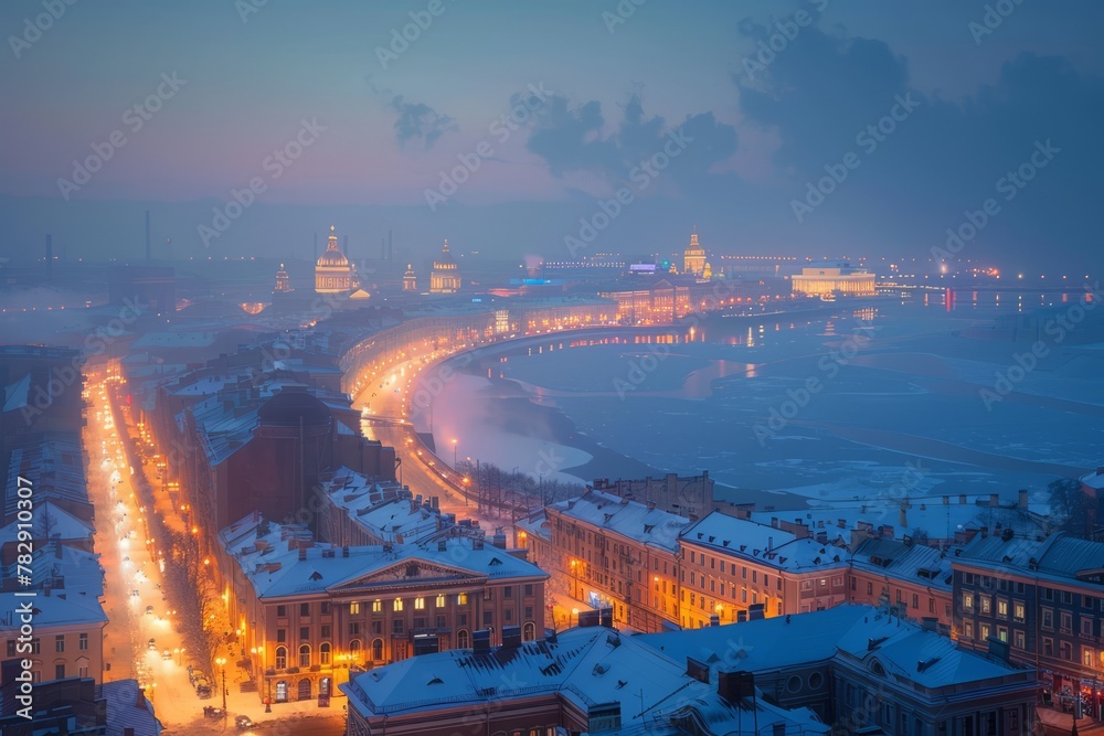 Obraz premium city view from above with snow, generative ai