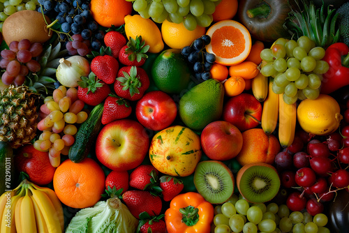 fresh fruits and vegetables, view from above 