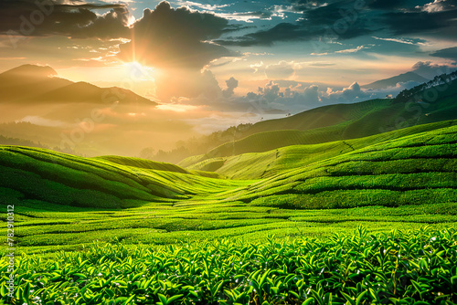 Green tea plantation at sunrise time