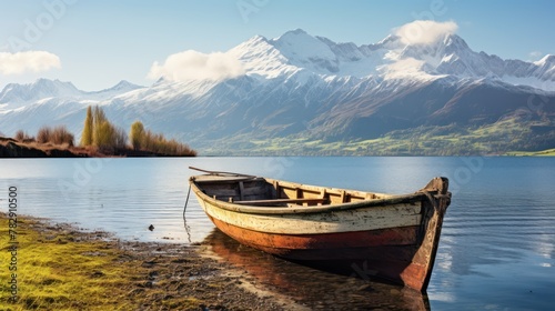 Old boat moored at lake with beautiful mountain 