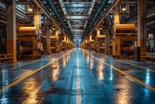 Empty industrial warehouse interior with symmetrical lines and a cold, metallic vibe reflecting modern manufacturing space