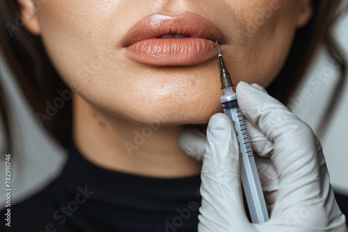 Cosmetic injection to plump lips close up with precision photo