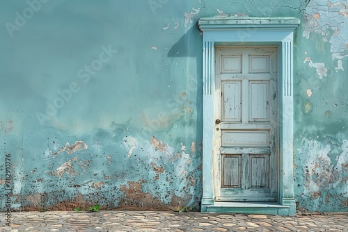 An old distressed turquoise wooden door set within a crumbling textured wall with peeling paint and urban decay