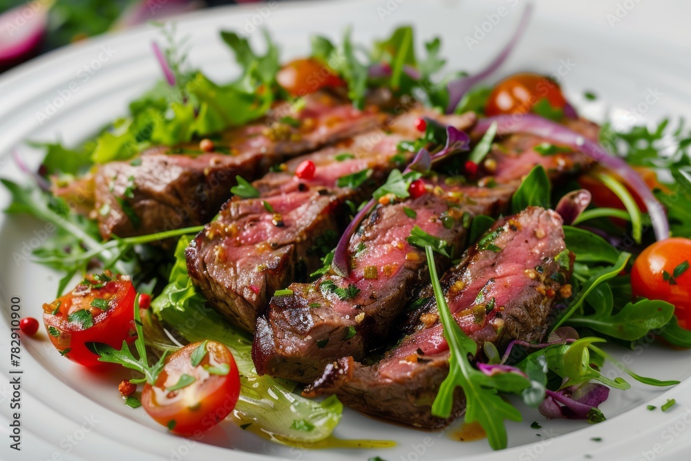 beef steak with melted chunks and stewed tomatoes, generative ai