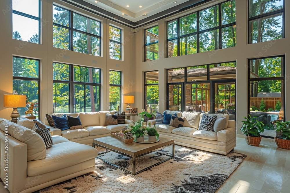 A grand living room combines comfort and style, featuring tall windows overlooking lush greenery