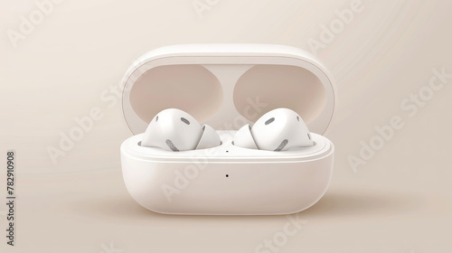 illustration of white wireless headphones in a case, music, technology, device, electronics, sound, listen, color background