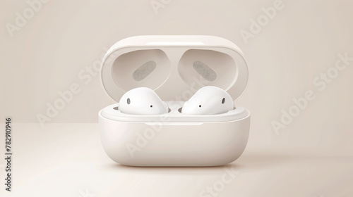 illustration of white wireless headphones in a case, music, technology, device, electronics, sound, listen, color background © Julia Zarubina