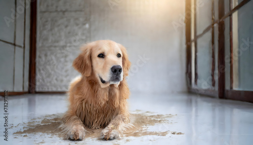 Muddy wet golden retriever on white background. Dog wallpaper.